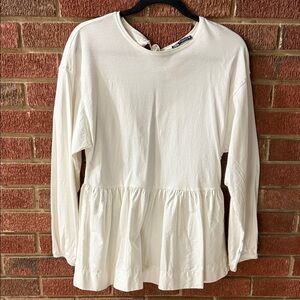 Zara Cream Peplum Long Sleeve Tie Back Blouse